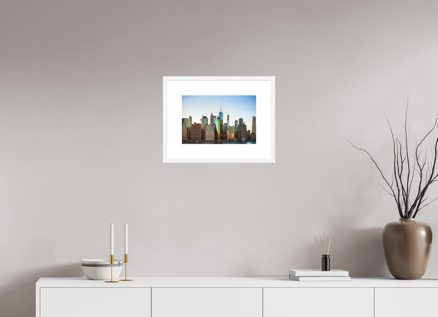15 x 10″, Solid 0.8" White Wood Frame With 3" Natural White Passe-Partout with Museum Glass Lower Manhattan