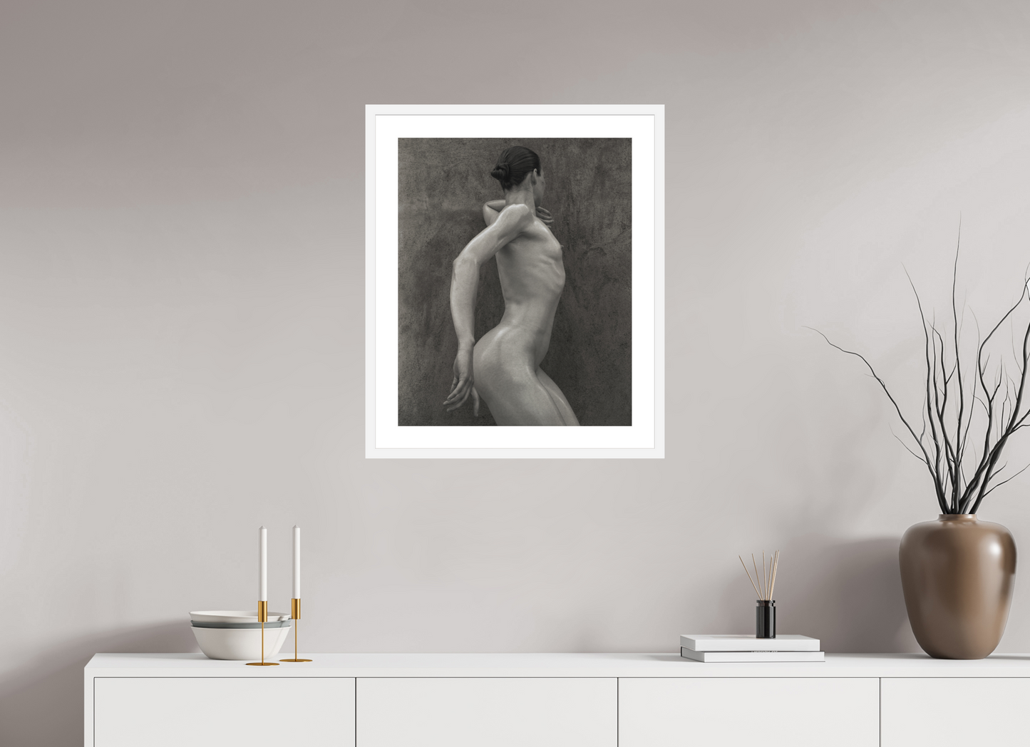 20 x 24.6″, Solid 0.8" White Wood Frame With 2" Natural White Passe-Partout with Museum Glass Nude No. 44