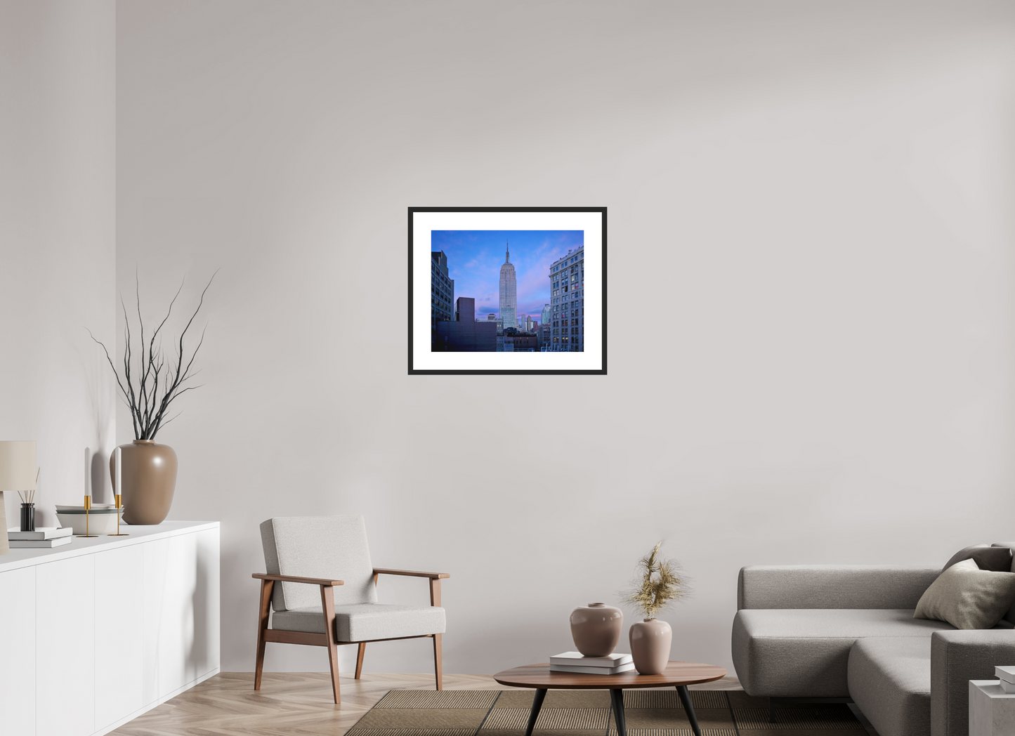 25 x 20″, Solid 0.8" Black Wood Frame With 3" Natural White Passe-Partout with Museum Glass The Empire State Building at Dusk