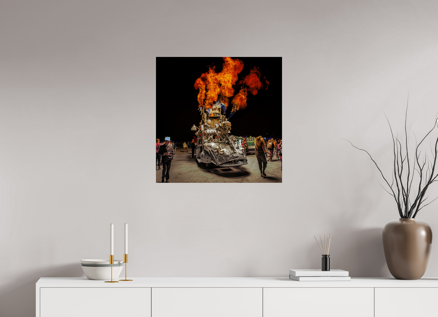 25 x 25″, Frameless Acrylic Glass Burning Man - Art Car with Flames
