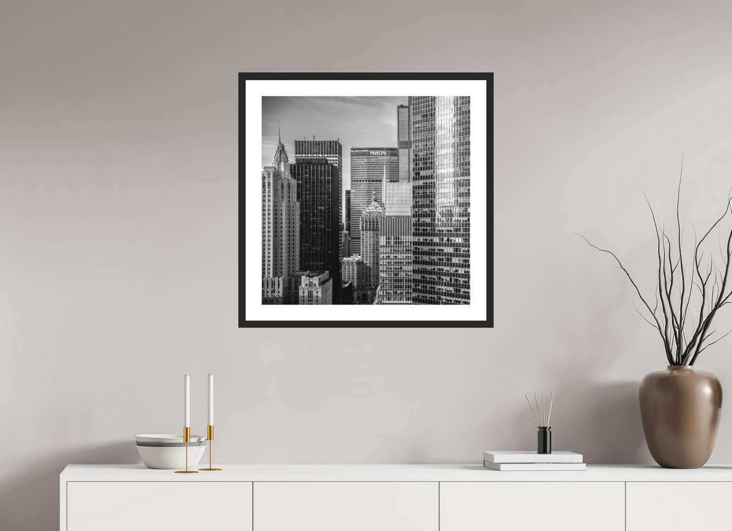 25 x 25″, Solid 0.8" Black Wood Frame With 2" Natural White Passe-Partout with Museum Glass Midtown New York City