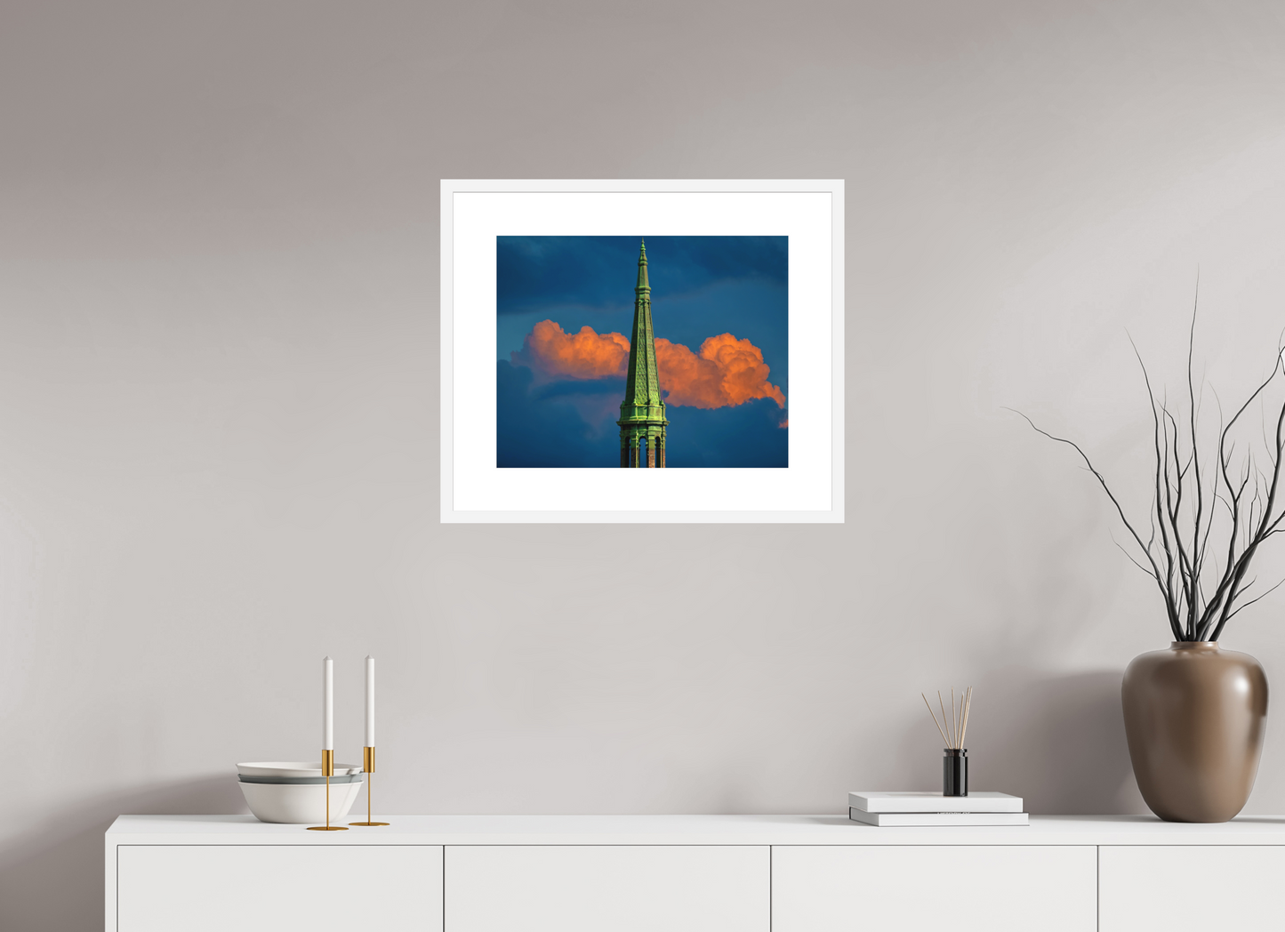 20 x 16″, Solid 0.8" White Wood Frame With 3" Natural White Passe-Partout with Museum Glass Orange Clouds and the top of the Sherry Netherland Hotel