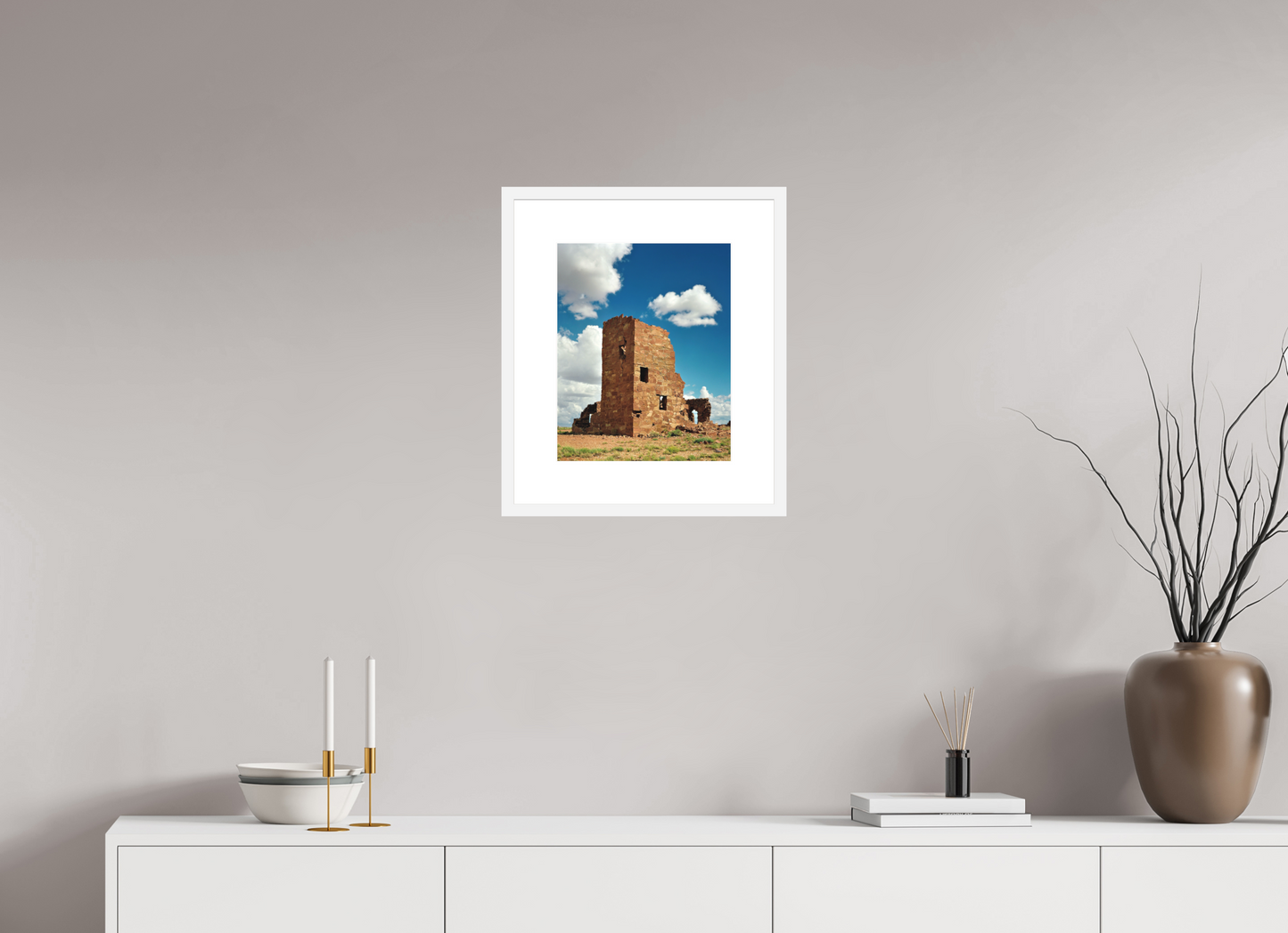 12 x 15″, Solid 0.8" White Wood Frame With 3" Natural White Passe-Partout with Museum Glass Adobe Ruin