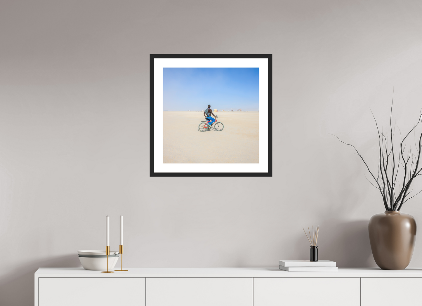 20 x 20″, Solid 0.8" Black Wood Frame With 2" Natural White Passe-Partout with Museum Glass Burning Man - Man on Red Bike