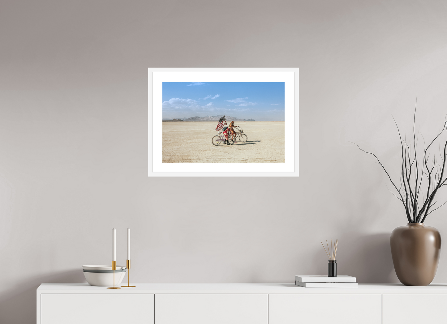 24 x 16″, Solid 0.8" White Wood Frame With 2" Natural White Passe-Partout with Museum Glass Burning Man - Two with Bikes and USA Flag