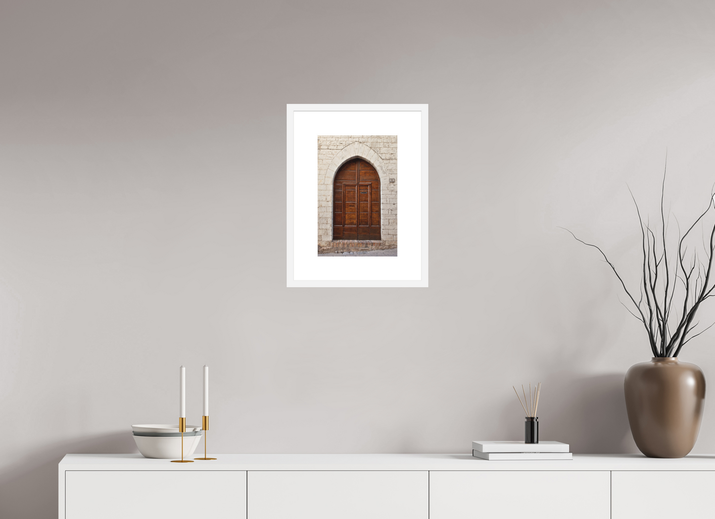 10 x 15″, Solid 0.8" White Wood Frame With 3" Natural White Passe-Partout with Museum Glass Umbrian Door