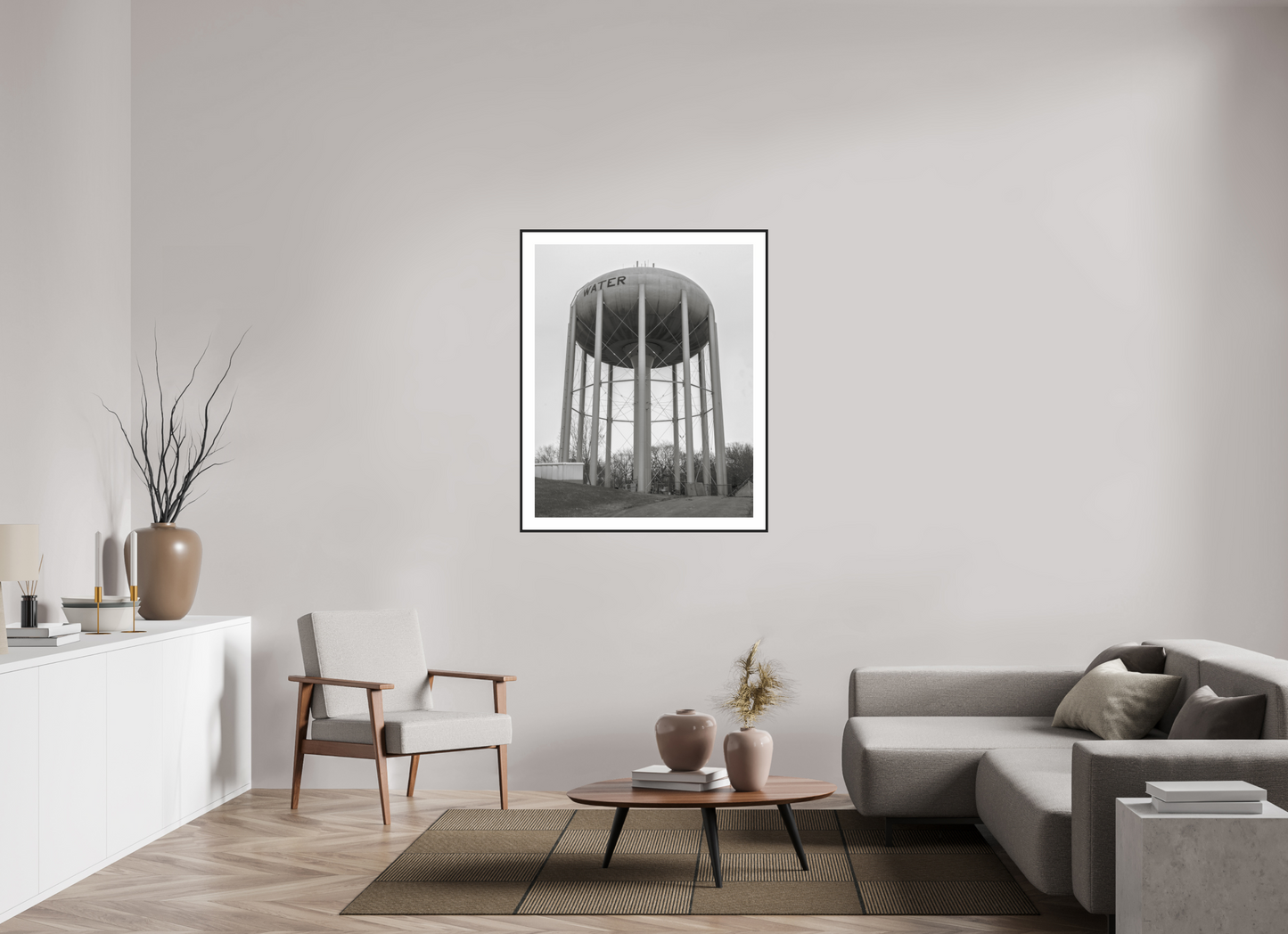 35 x 43.7″, Black Matte Frame Grey Water Tower