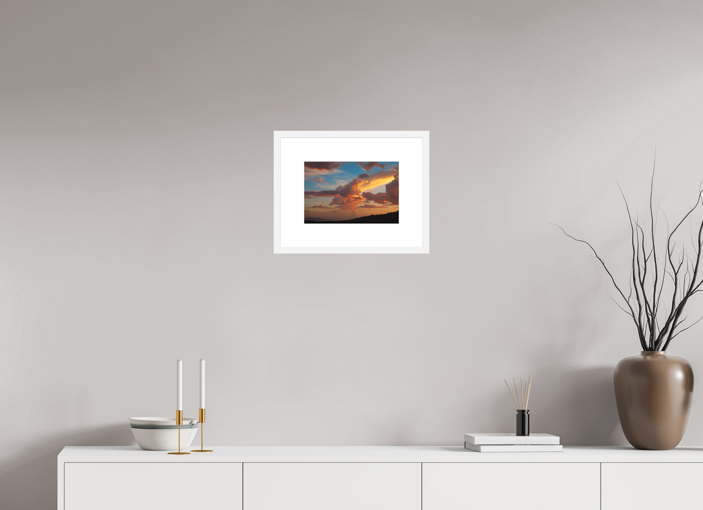 12 x 8″, Solid 0.8" White Wood Frame With 3" Natural White Passe-Partout with Museum Glass Sunset Clouds and Mountains