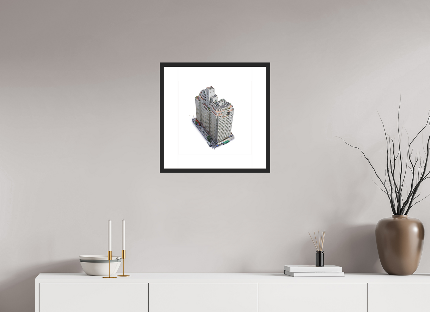 15 x 15″, Solid 0.8" Black Wood Frame With 3" Natural White Passe-Partout with Museum Glass New York City Apartment  Building