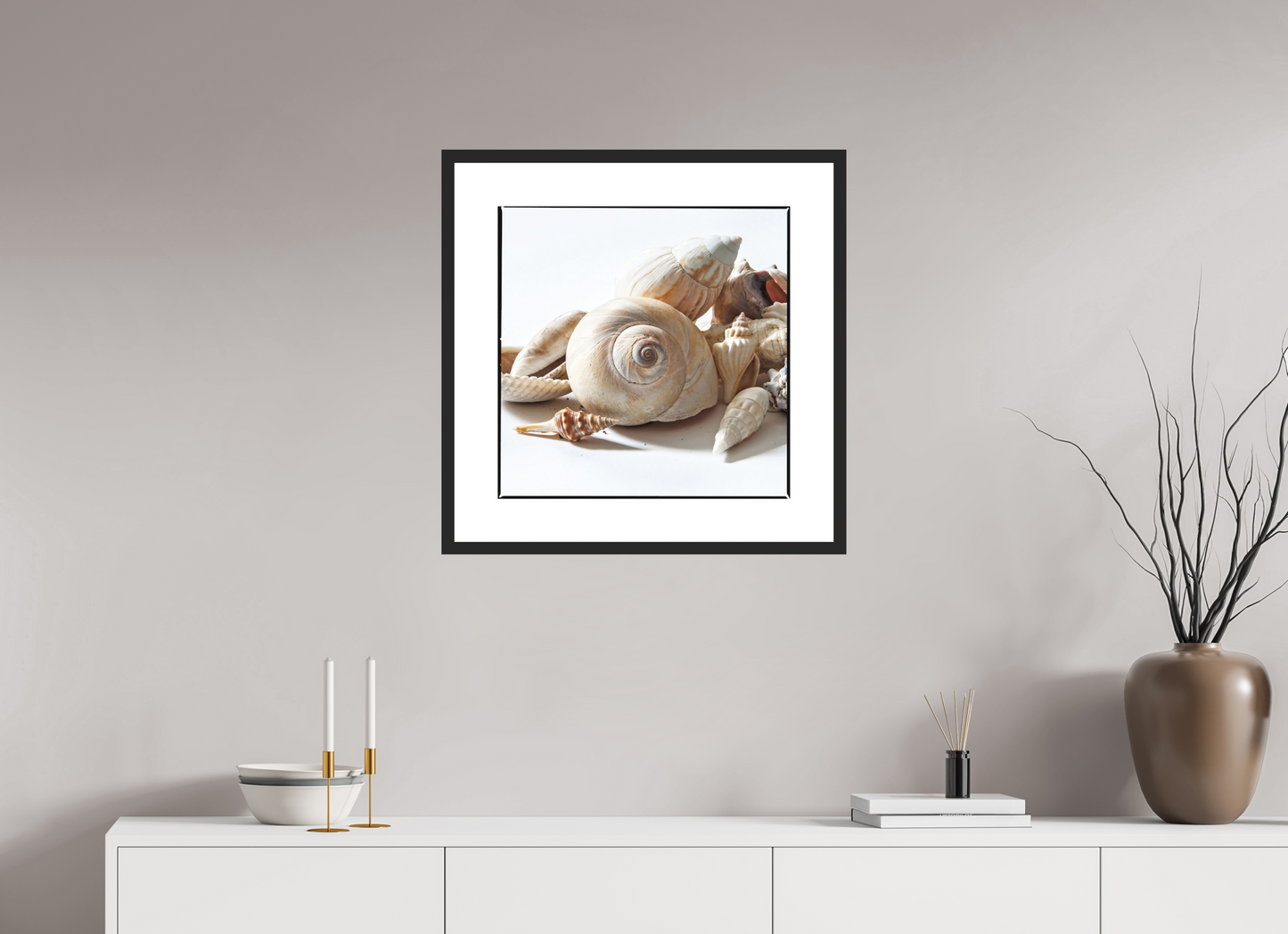 20 x 20″, Solid 0.8" Black Wood Frame With 3" Natural White Passe-Partout with Museum Glass Sea Shells
