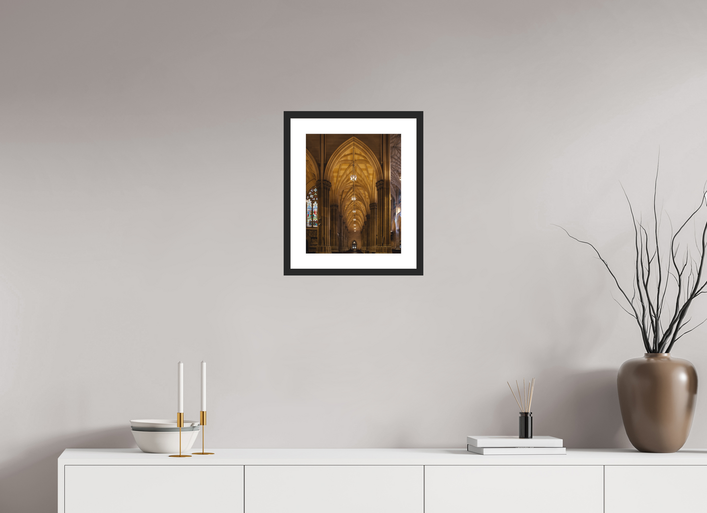 12 x 15″, Solid 0.8" Black Wood Frame With 2" Natural White Passe-Partout with Museum Glass Gothic Archway, St. Patrick's Cathedral