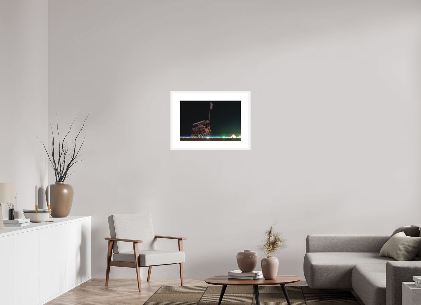 24 x 16″, Solid 0.8" White Wood Frame With 3" Natural White Passe-Partout with Museum Glass Burning Man - Art Car with Flag