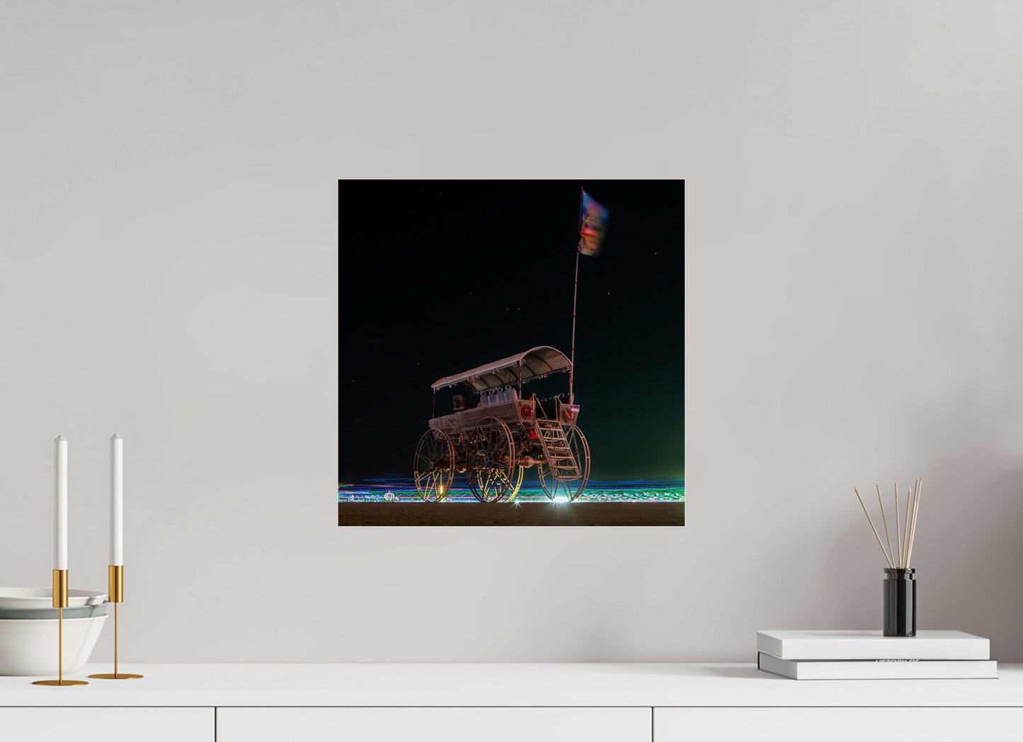 15 x 15″, Frameless Acrylic Glass Burning Man - Art Car with Flag