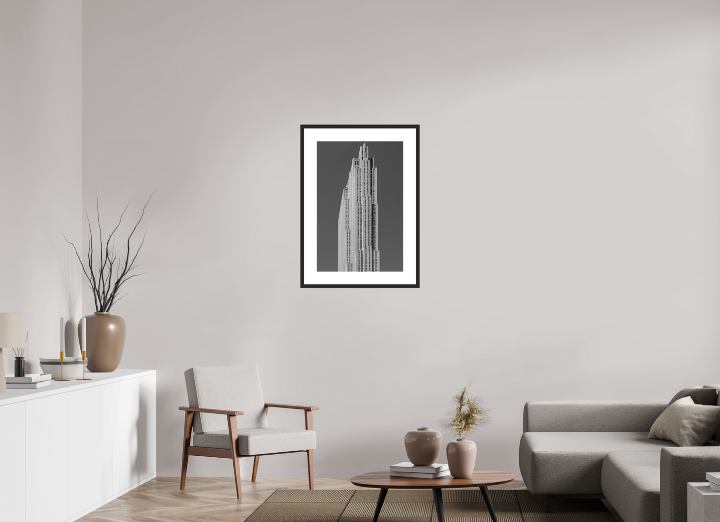 20 x 30″, Solid 0.8" Black Wood Frame With 3" Natural White Passe-Partout with Museum Glass Rockefeller Center