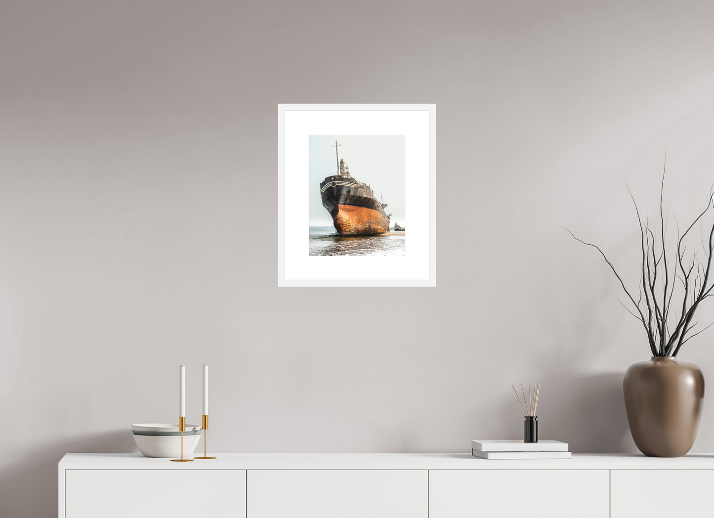 12 x 15″, Solid 0.8" White Wood Frame With 3" Natural White Passe-Partout with Museum Glass Grounded Ship Angola