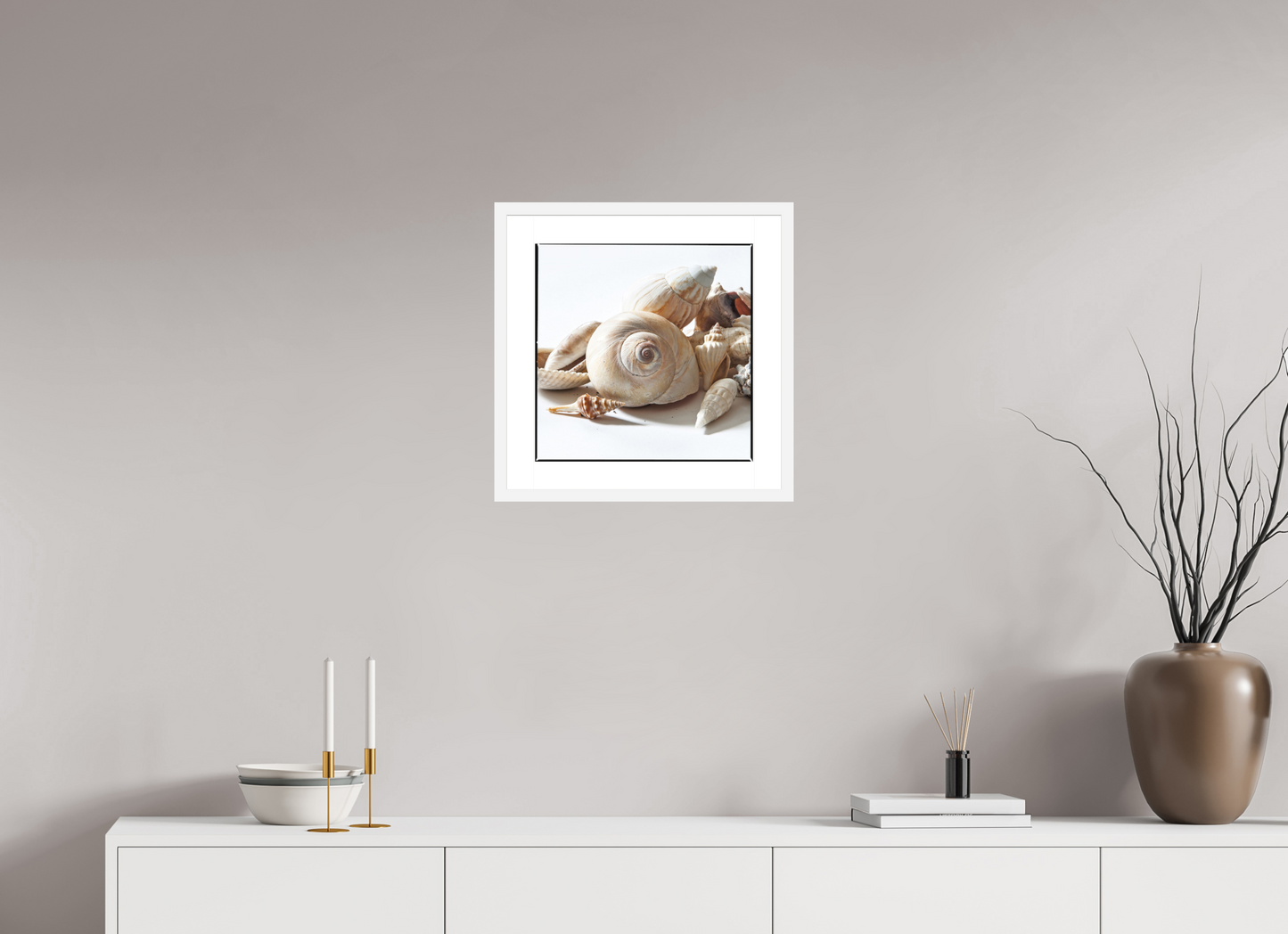 15 x 15″, Solid 0.8" White Wood Frame With 2" Natural White Passe-Partout with Museum Glass Sea Shells