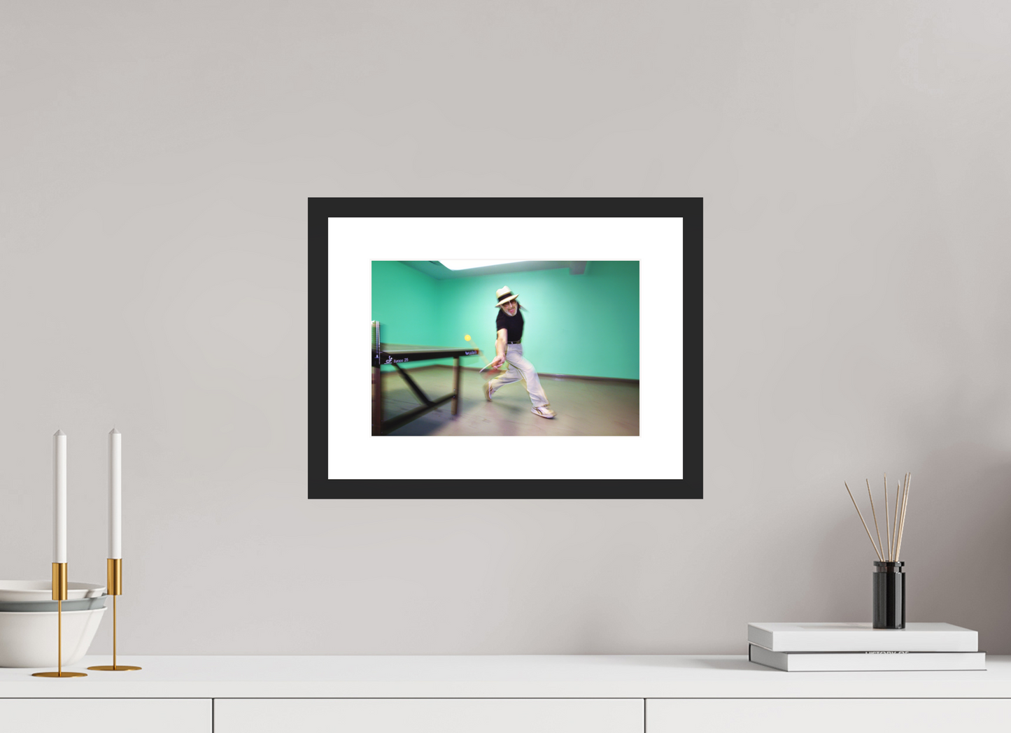 12 x 8″, Solid 0.8" Black Wood Frame With 2" Natural White Passe-Partout with Museum Glass Marty Reisman