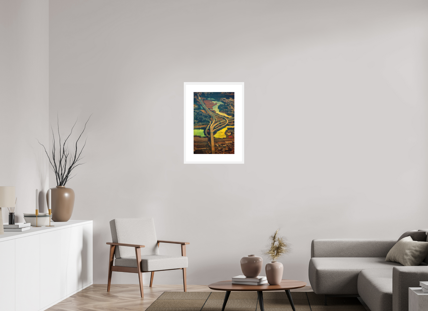 16 x 24″, Solid 0.8" White Wood Frame With 3" Natural White Passe-Partout with Museum Glass Aerial View of Highway
