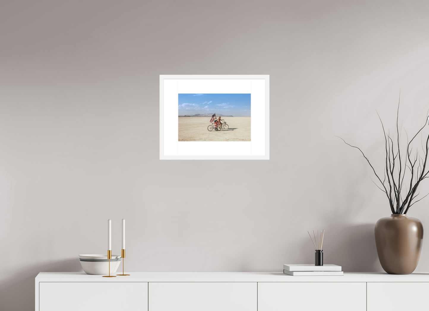 15 x 10″, Solid 0.8" White Wood Frame With 3" Natural White Passe-Partout with Museum Glass Burning Man - Two with Bikes and USA Flag