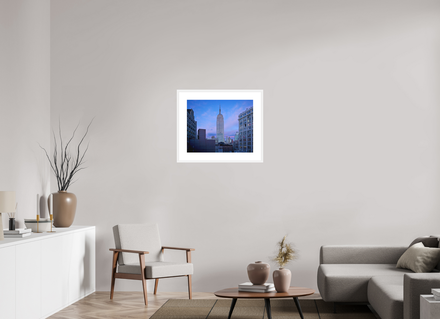 25 x 20″, Solid 0.8" White Wood Frame With 3" Natural White Passe-Partout with Museum Glass The Empire State Building at Dusk