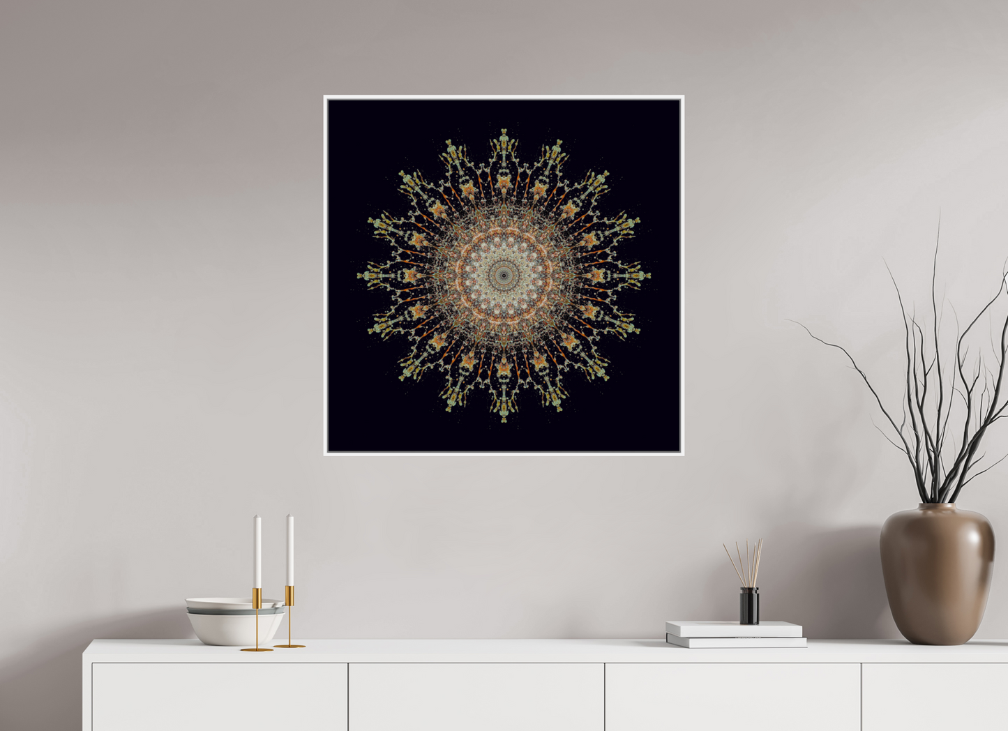 30 x 30″, White Matte Frame, No Border Water Mandala No. 4092
