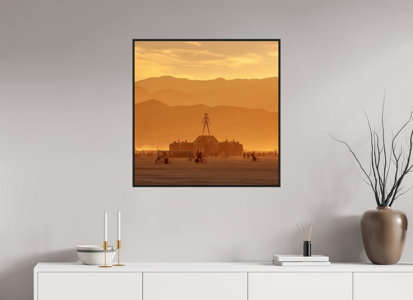 30 x 30″, Black Matte Frame, No Border Burning Man with Mountains