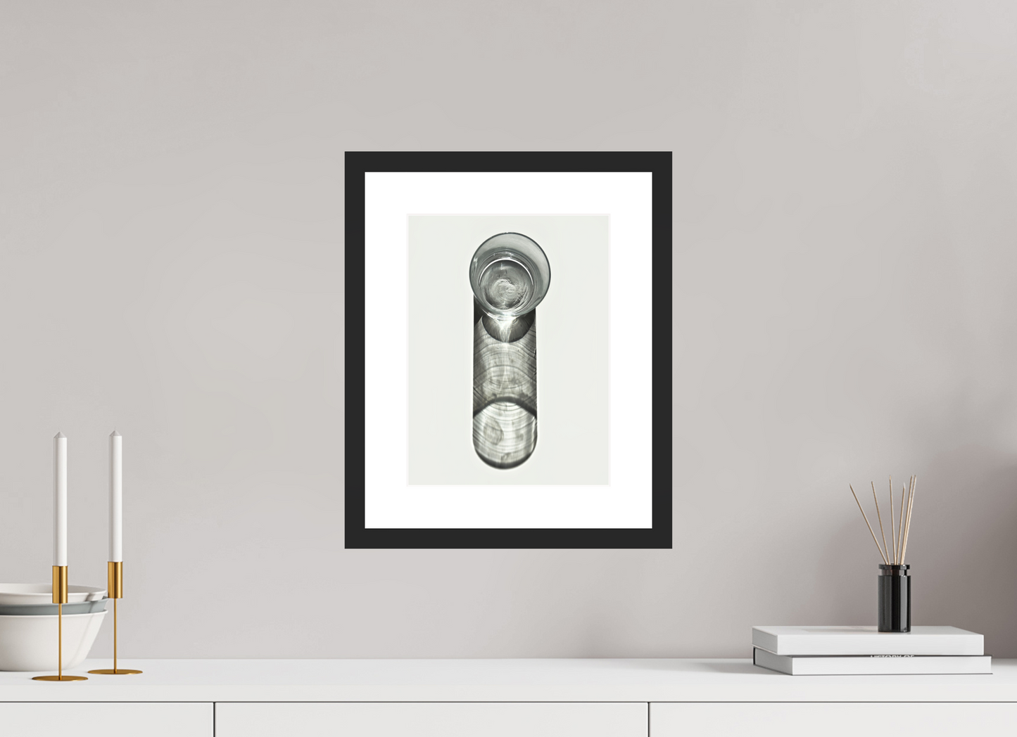 9 x 12″, Solid 0.8" Black Wood Frame With 2" Natural White Passe-Partout with Museum Glass Water Glass with Shadow