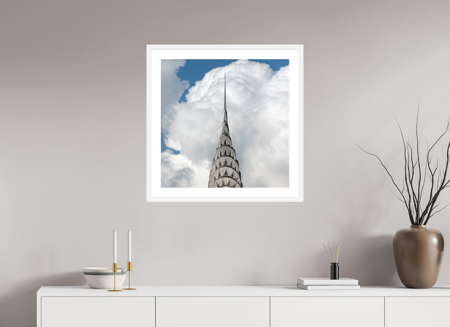 25 x 25″, Solid 0.8" White Wood Frame With 2" Natural White Passe-Partout with Museum Glass Chrysler Building with Clouds