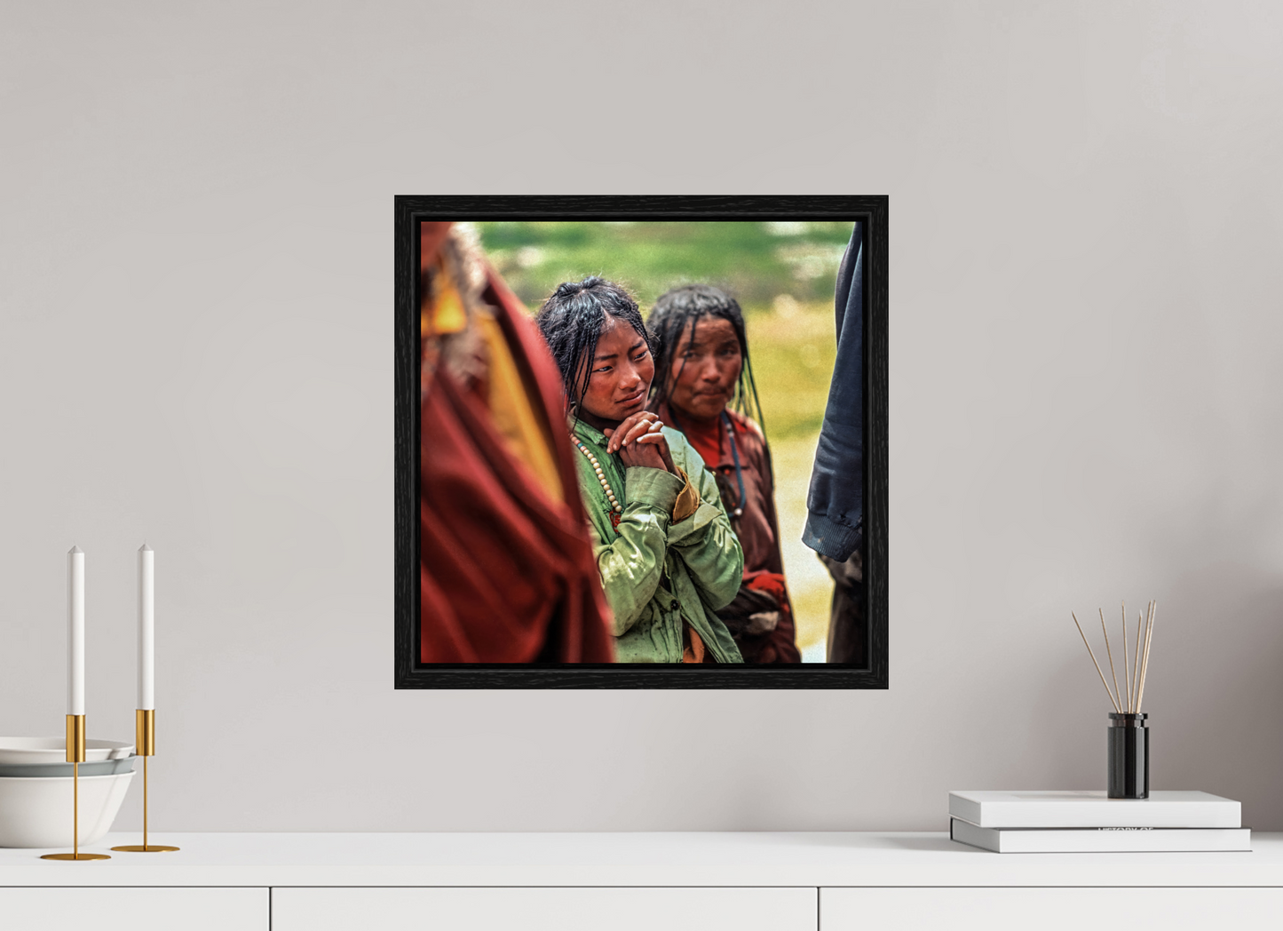 15 x 15″, Floater Frame Tibetan Girl in Green Jacket