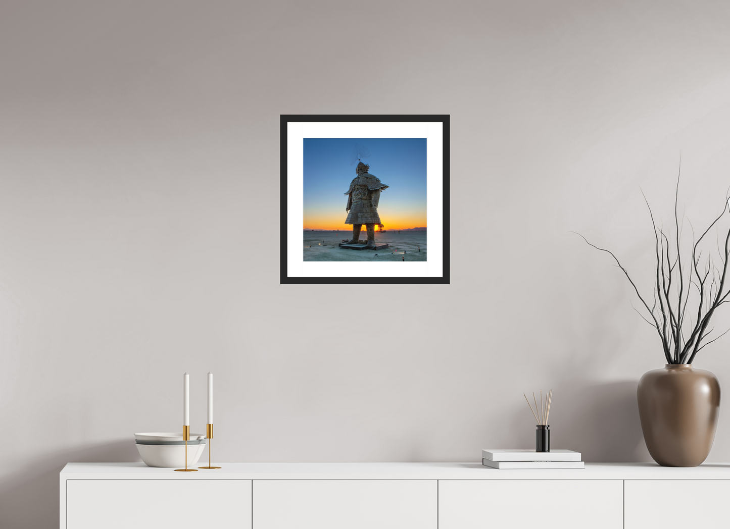 15 x 15″, Solid 0.8" Black Wood Frame With 2" Natural White Passe-Partout with Museum Glass Burning Man - The Samurai at Dawn (square format)