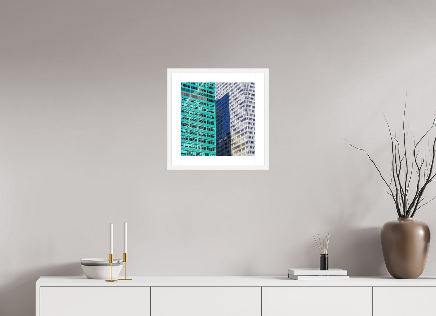 15 x 15″, Solid 0.8" White Wood Frame With 2" Natural White Passe-Partout with Museum Glass Green and White Office Buildings