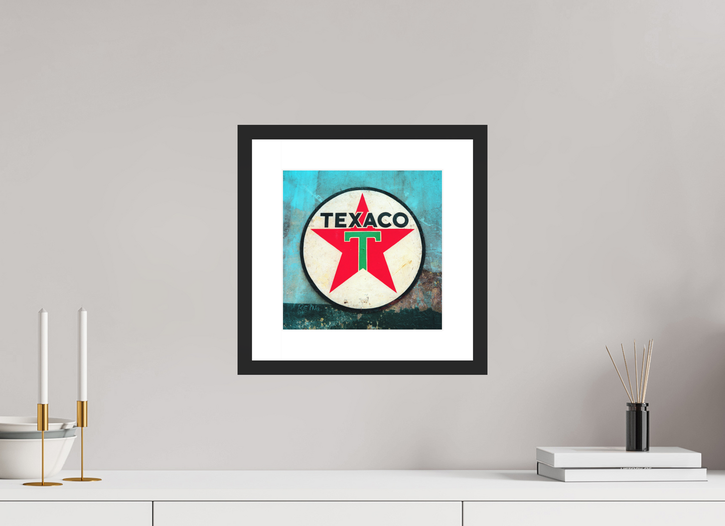 10 x 10″, Solid 0.8" Black Wood Frame With 2" Natural White Passe-Partout with Museum Glass Texaco Sign Cuba