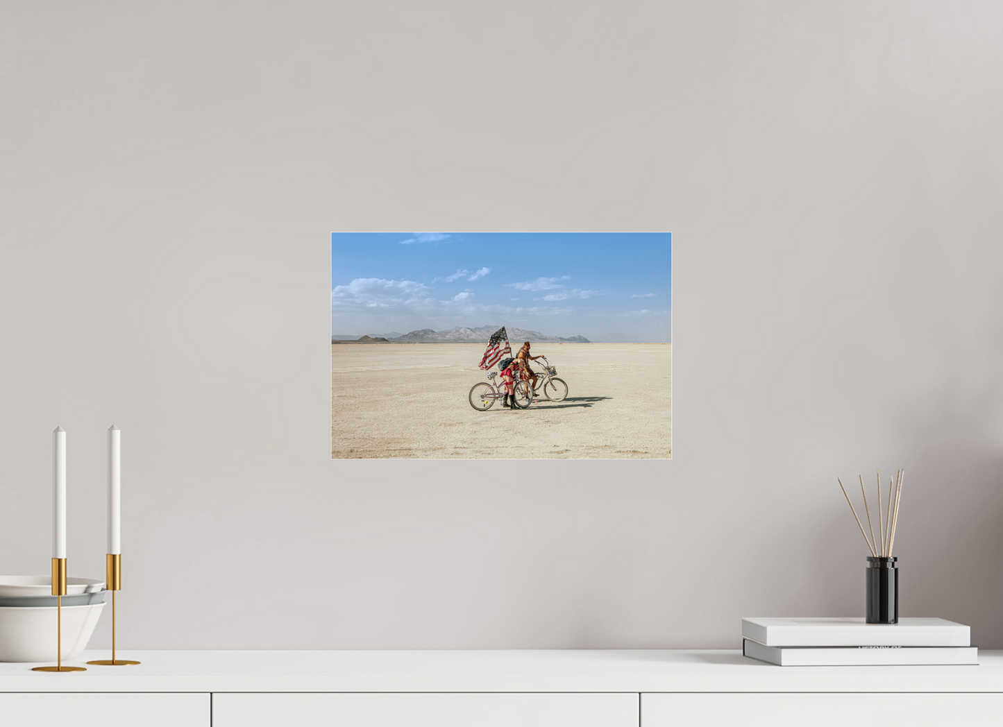 15 x 10″, Frameless Acrylic Glass Burning Man - Two with Bikes and USA Flag