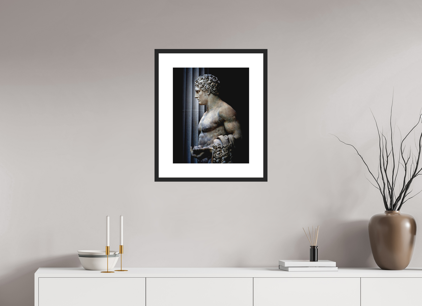 16 x 20″, Solid 0.8" Black Wood Frame With 3" Natural White Passe-Partout with Museum Glass Hercules Statue