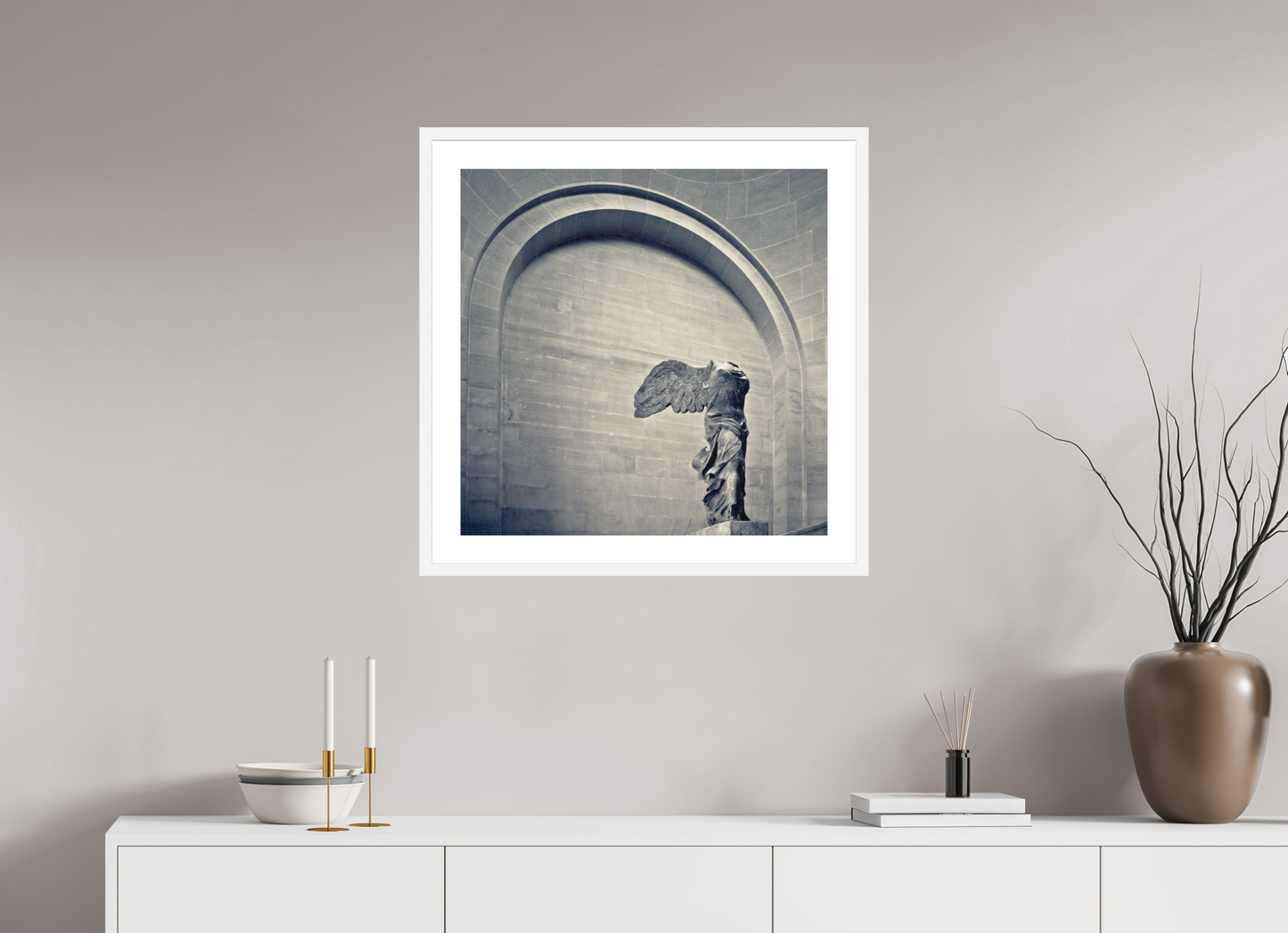 25 x 25″, Solid 0.8" White Wood Frame With 2" Natural White Passe-Partout with Museum Glass Winged Victory of Samothrace