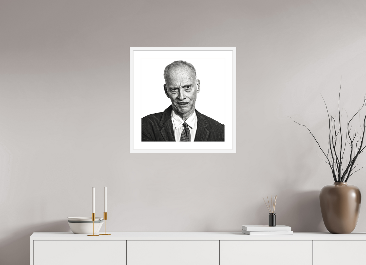 20 x 20″, Solid 0.8" White Wood Frame With 2" Natural White Passe-Partout with Museum Glass Director John Waters Grimacing (square format)