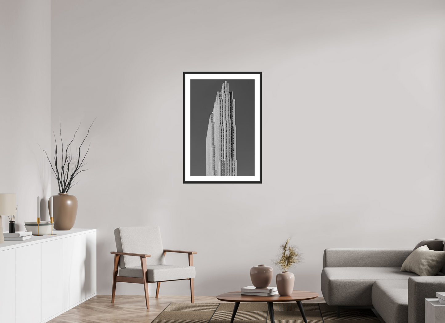 24 x 36″, Solid 0.8" Black Wood Frame With 2" Natural White Passe-Partout with Museum Glass Rockefeller Center