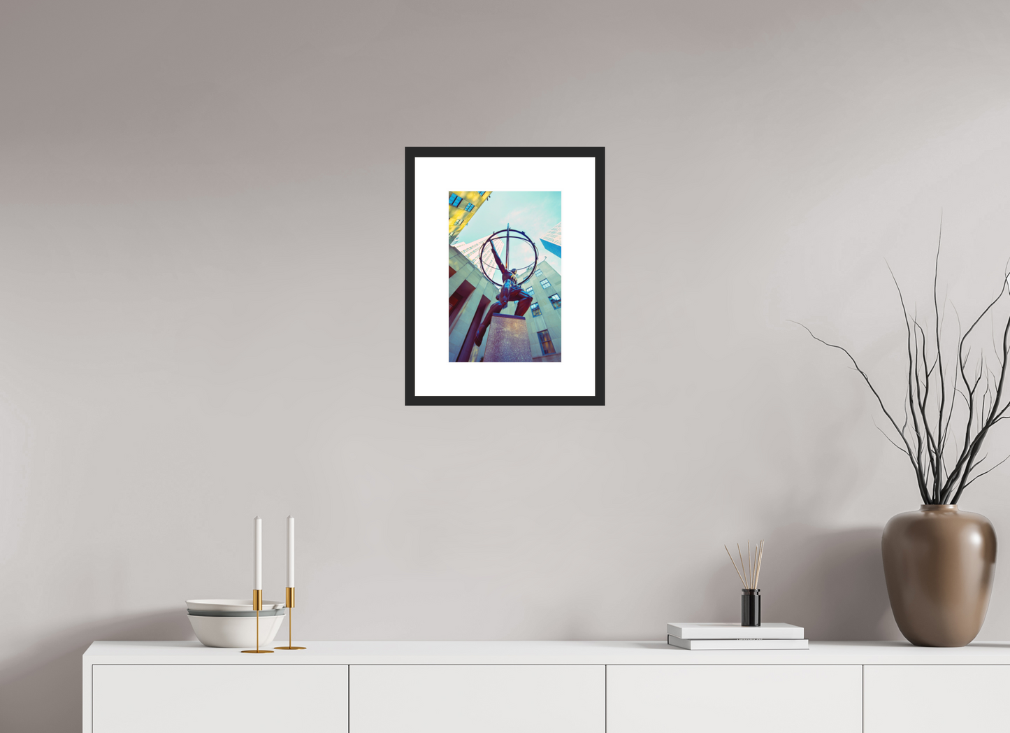 10 x 15″, Solid 0.8" Black Wood Frame With 3" Natural White Passe-Partout with Museum Glass Atlas Statue, NY