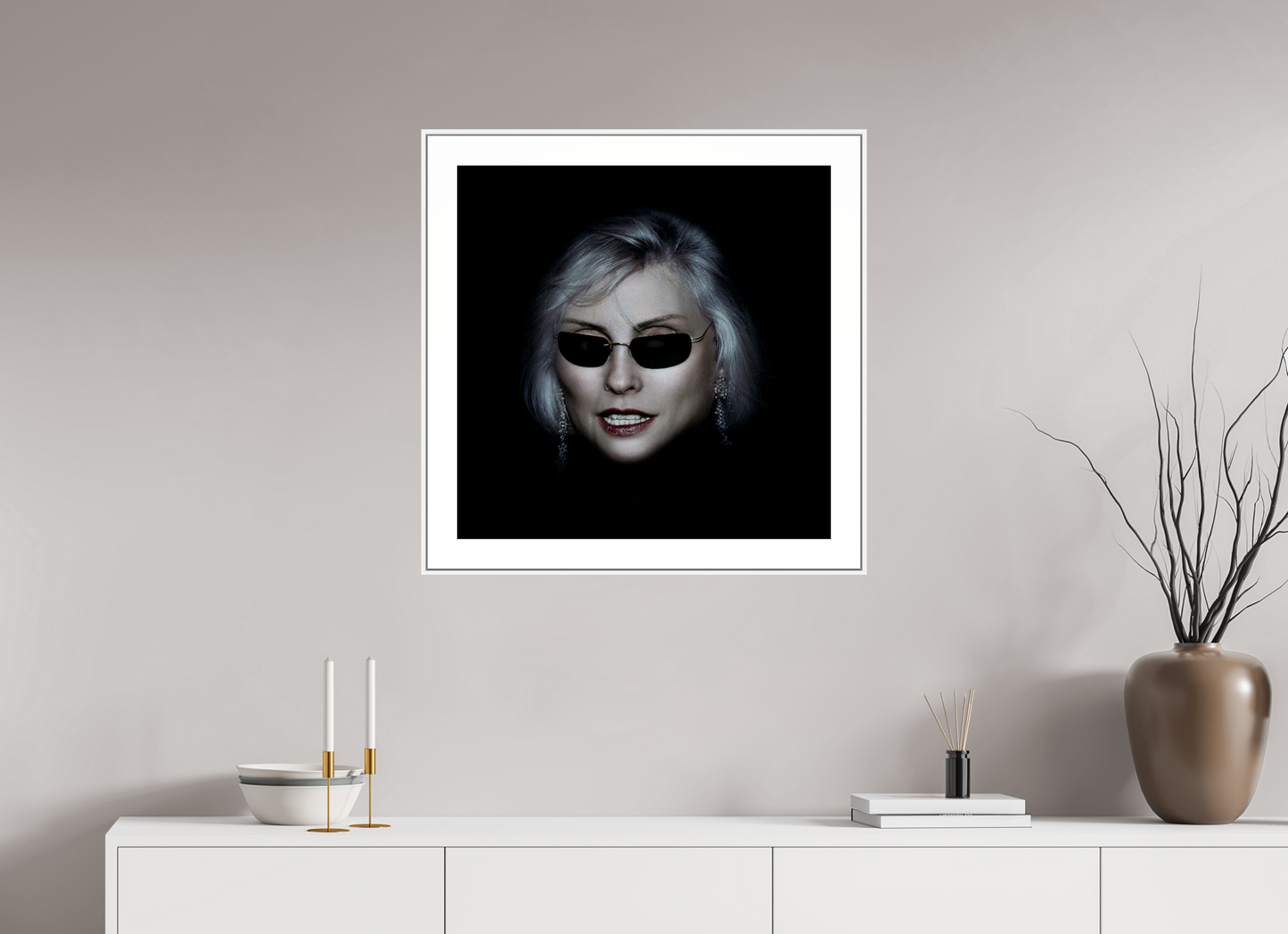 25 x 25″, White Matte Frame Debbie Harry Wearing Glasses