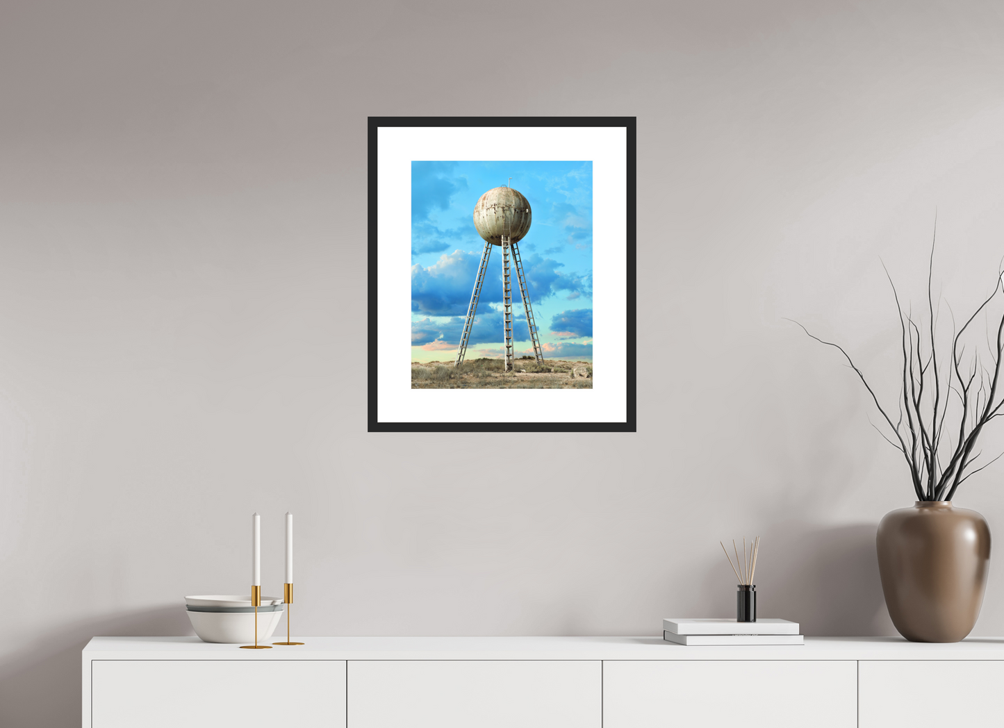 16 x 20″, Solid 0.8" Black Wood Frame With 3" Natural White Passe-Partout with Museum Glass Spherical Water Tower - Mexico