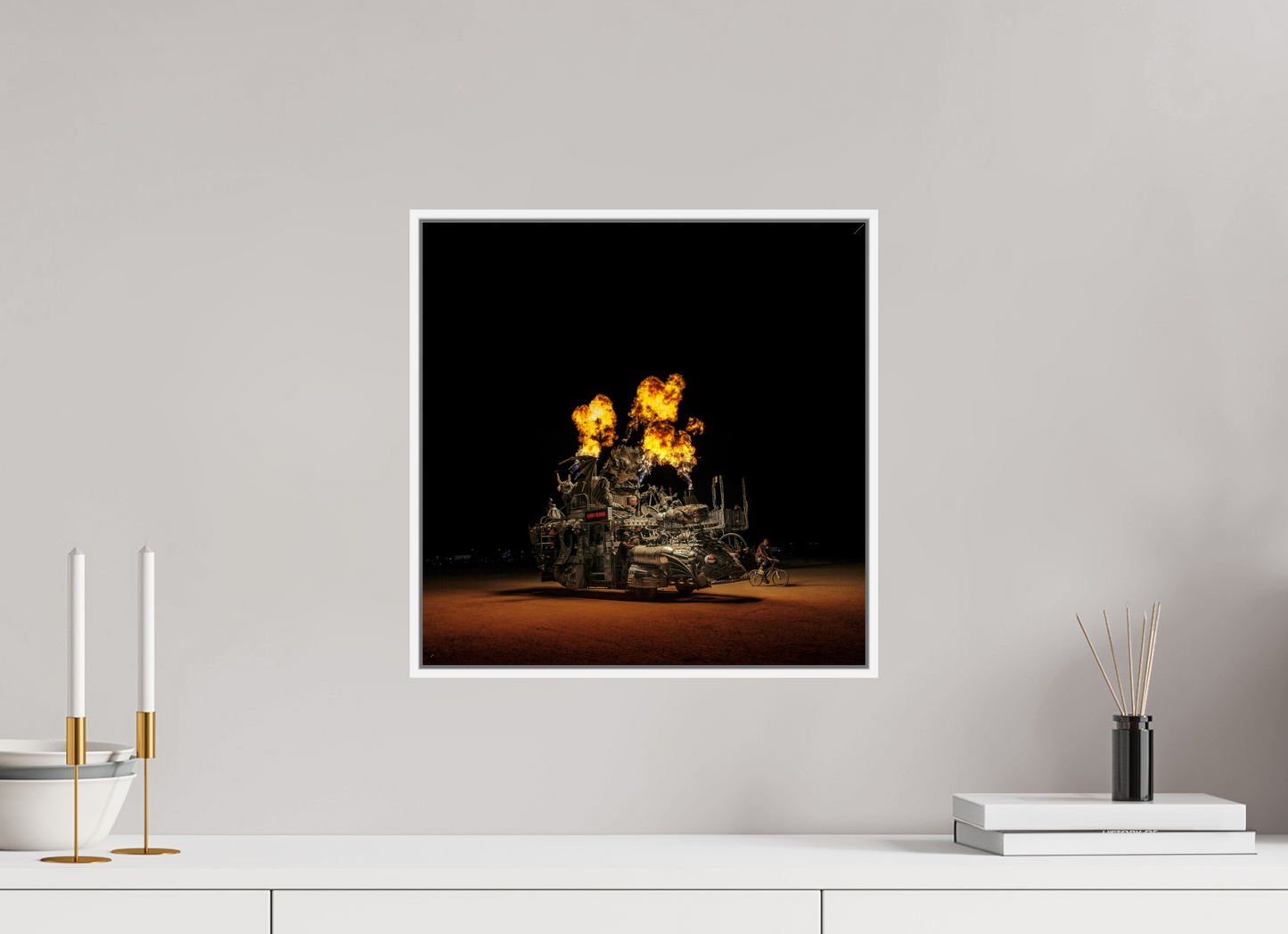 15 x 15″, White Matte Frame, No Border Burning Man - Art Car Rabid Transit