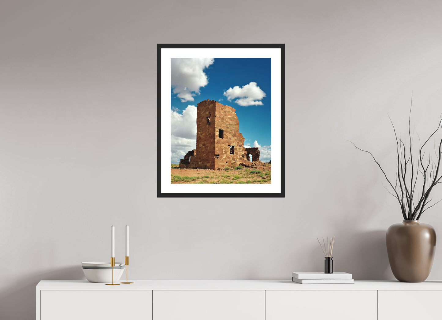 20 x 25″, Solid 0.8" Black Wood Frame With 2" Natural White Passe-Partout with Museum Glass Adobe Ruin
