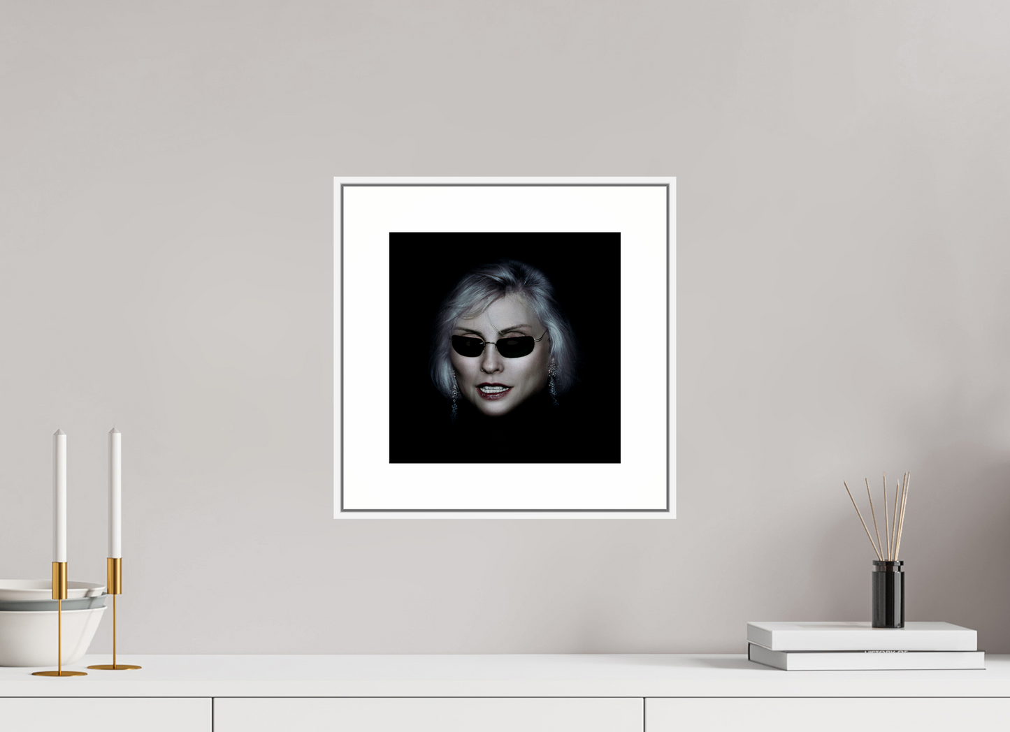 10 x 10″, White Matte Frame Debbie Harry Wearing Glasses