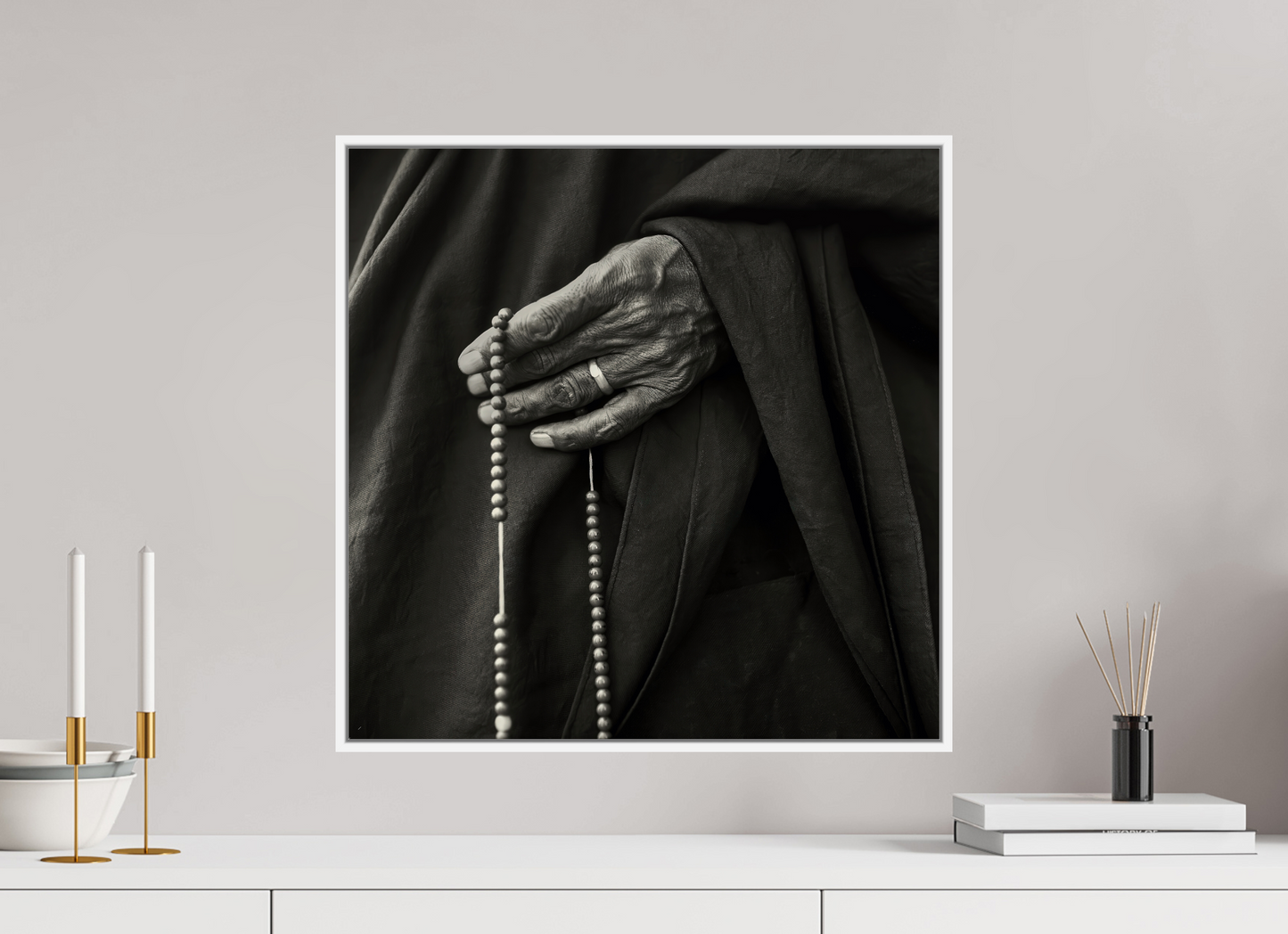 20 x 20″, White Matte Frame, No Border Tibetan Monk Hand with Prayer Beads