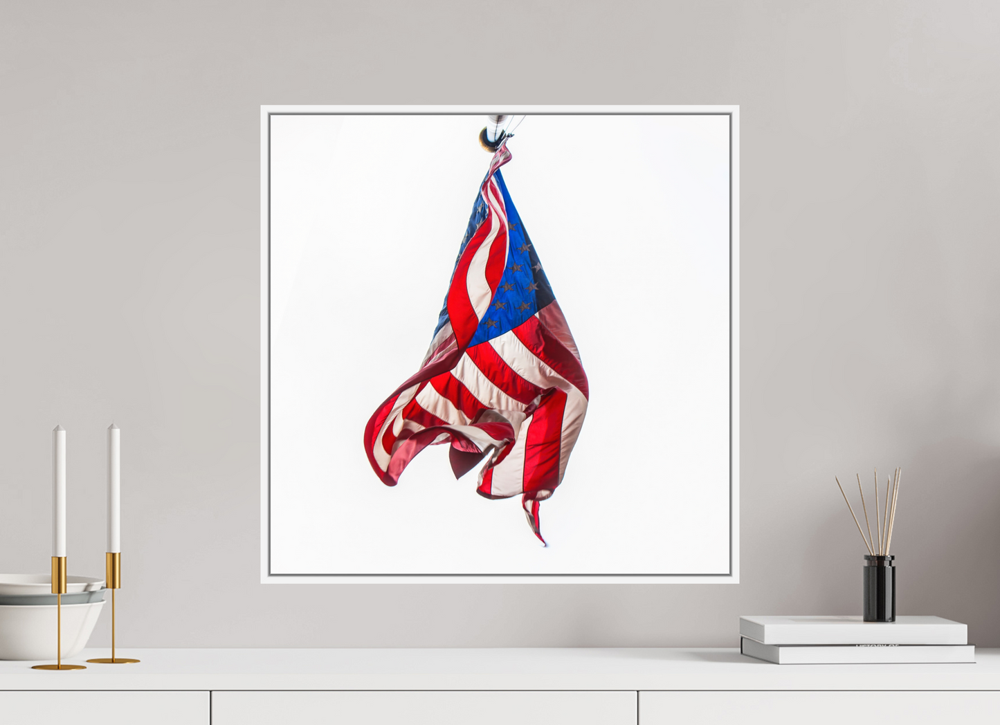 20 x 20″, White Matte Frame, No Border Crumpled USA Flag