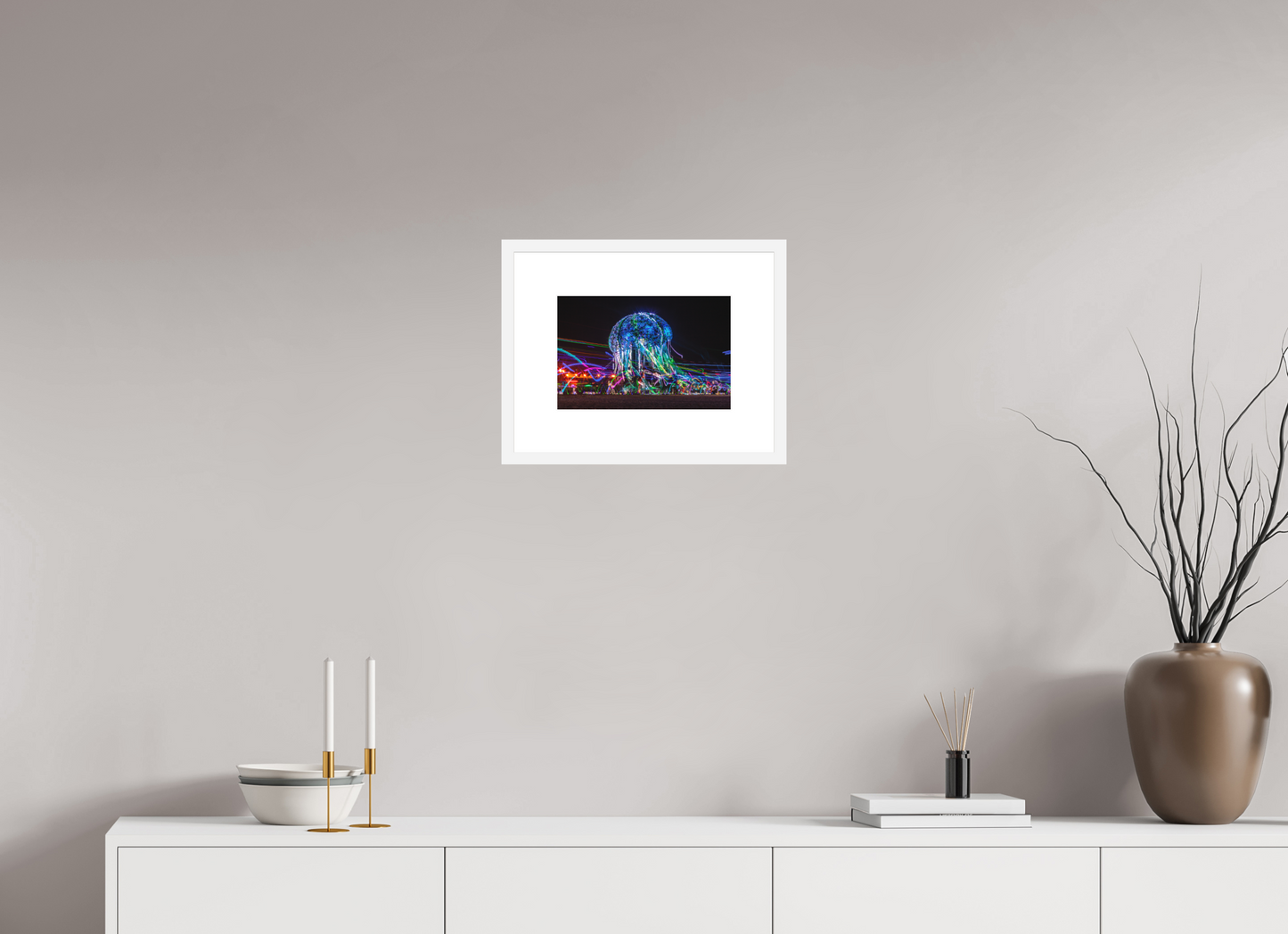 12 x 8″, Solid 0.8" White Wood Frame With 3" Natural White Passe-Partout with Museum Glass Burning Man - Glass Jellyfish