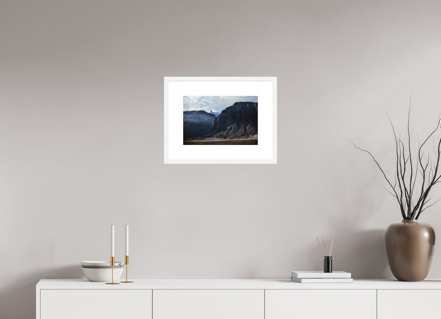 15 x 10″, Solid 0.8" White Wood Frame With 3" Natural White Passe-Partout with Museum Glass Iceland Black Mountains