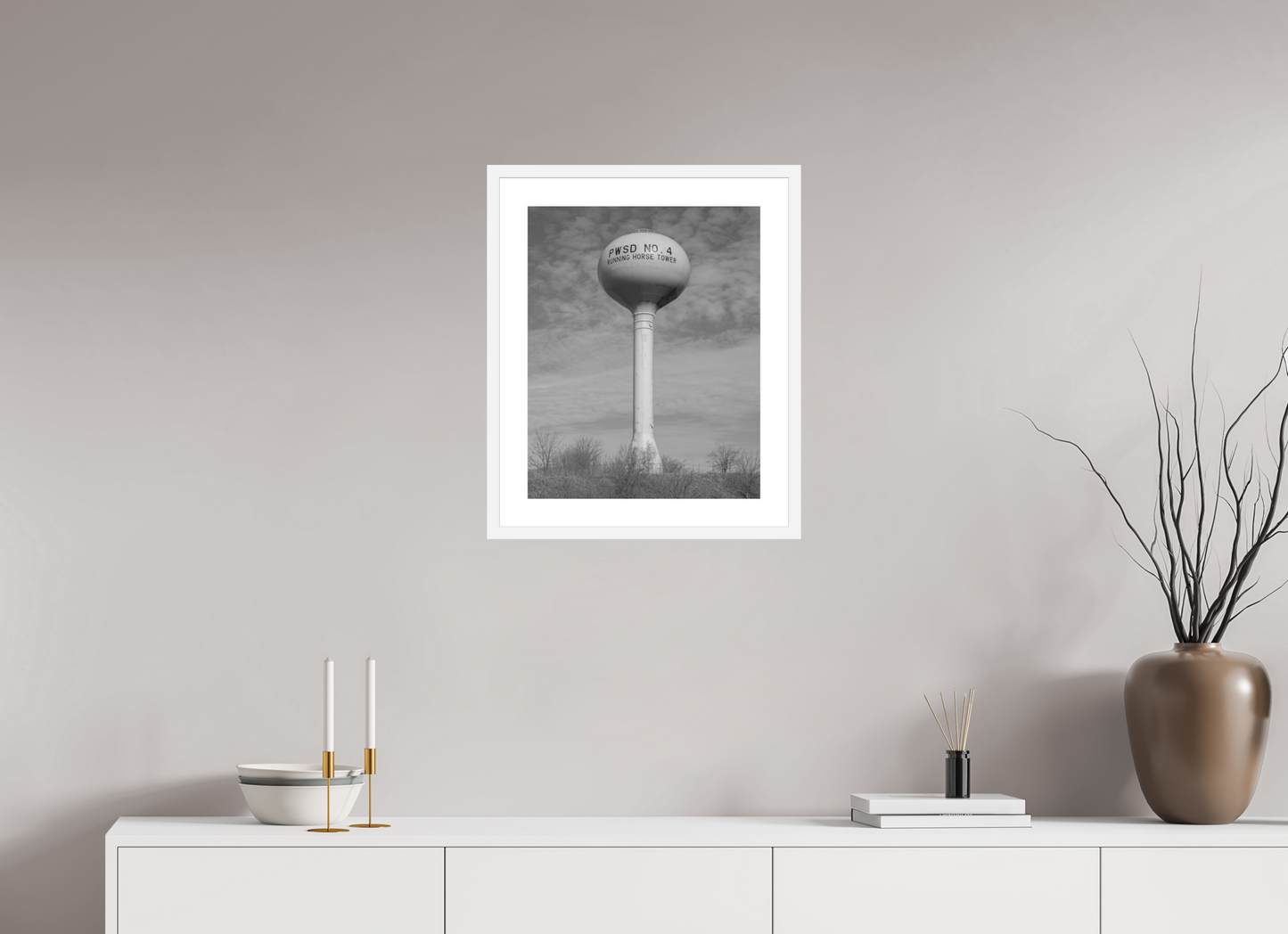 16 x 20″, Solid 0.8" White Wood Frame With 2" Natural White Passe-Partout with Museum Glass Running Horse Water Tower