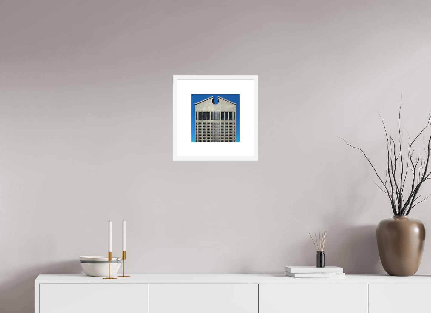 10 x 10″, Solid 0.8" White Wood Frame With 3" Natural White Passe-Partout with Museum Glass The Chippendale Building