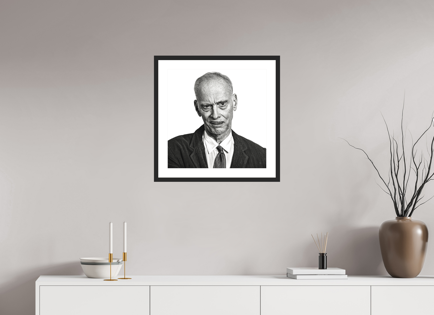 20 x 20″, Solid 0.8" Black Wood Frame With 2" Natural White Passe-Partout with Museum Glass Director John Waters Grimacing (square format)